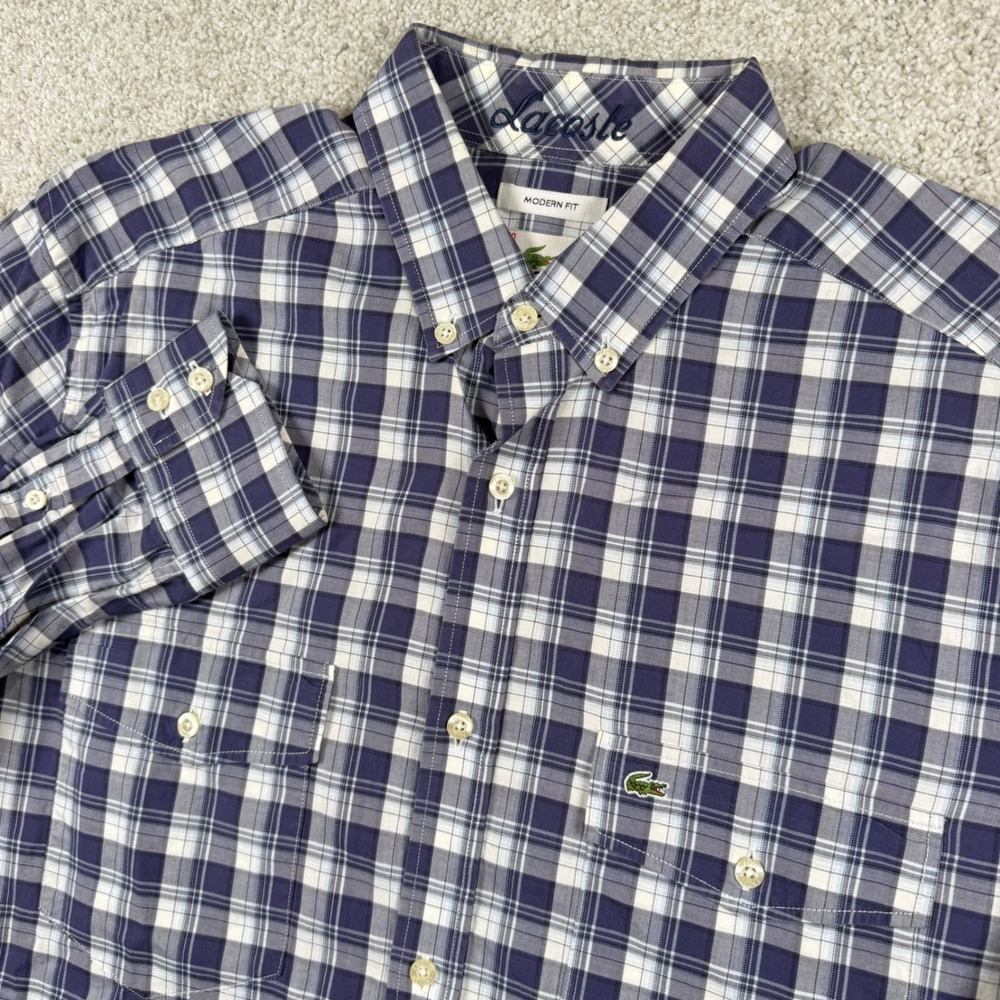 Lacoste Button Down Shirt Mens 40 Blue Plaid Modern Fit Long Sleeve Pocket